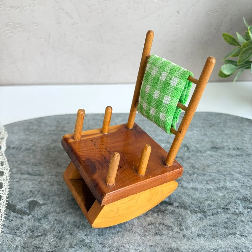 Vintage Carlsbad Caverns Wooden Rocking Chair Pin Cushion and Bobbin Holder